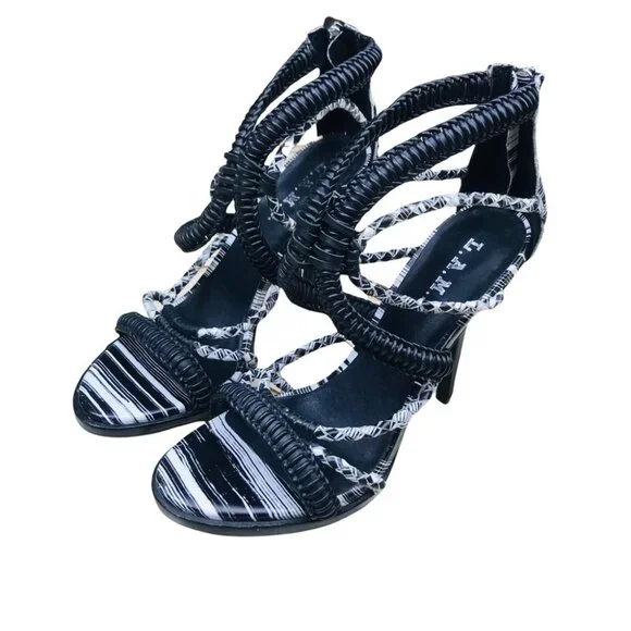 L.A.M.B Zebra Vine Black and White Strappy Leather Heels Sandals Size 8.5 - Picture 7 of 15